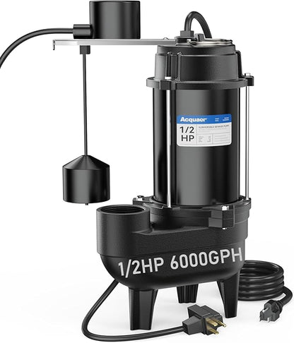 Acquaer Sewage Pump, Cast Iron, Automatic Tethered Float Switch, Sewage Effluent Pump for Sump Basin, Basement, Residential Sewage, 2'' NPT Discharge, Deep Black