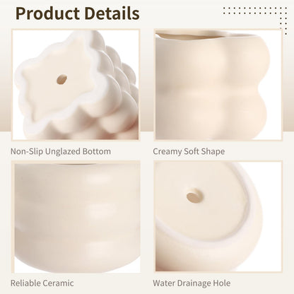 NIMBLOOM 4 PCS Ceramic Succulent Pots, Creamy Soft Shape Decorative Plant Pots Puffy Design Minimalist Sculpted Ceramic Planters with Drainage Hole and Anti-Slip Base for Cozy Home Decor