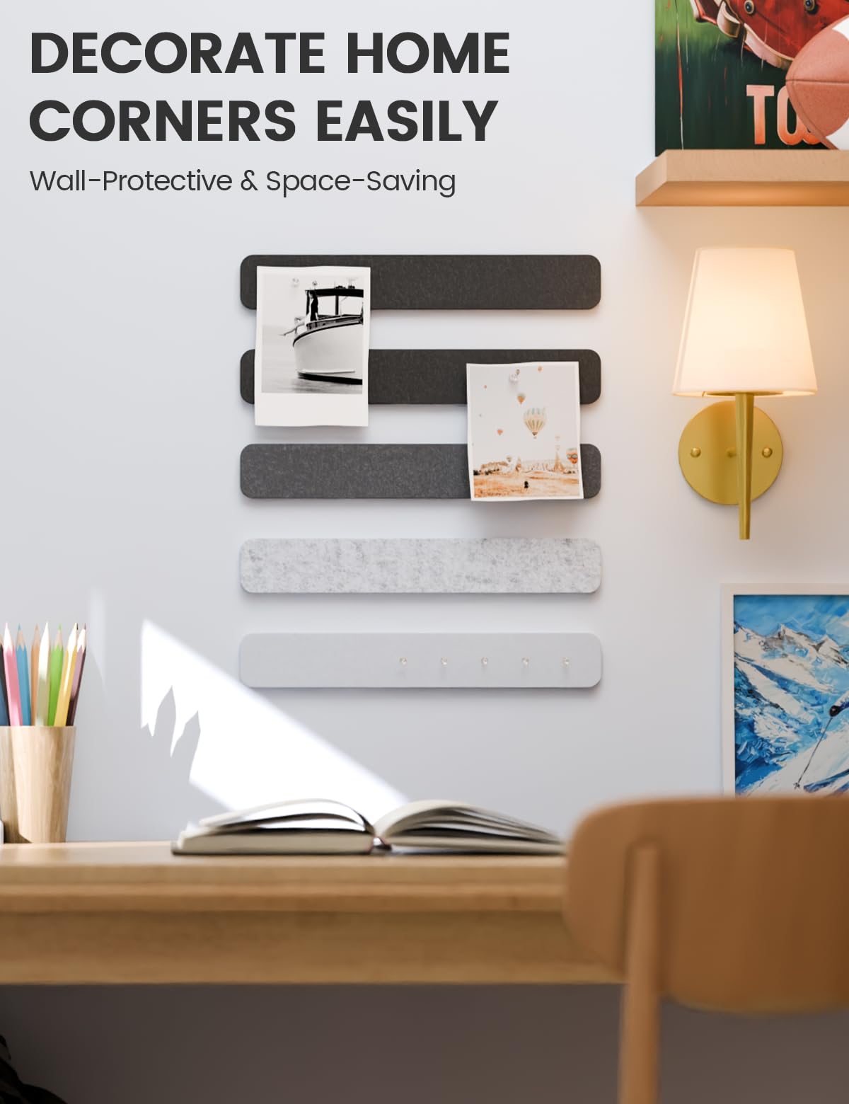Fluxynara Cork Board Alternative Felt Strip Board 5-Pack 13"x2", Office Pin Board with 35 Push Pins, Adhesive Install for Bedroom Door & Home Office (Concrete Echo)