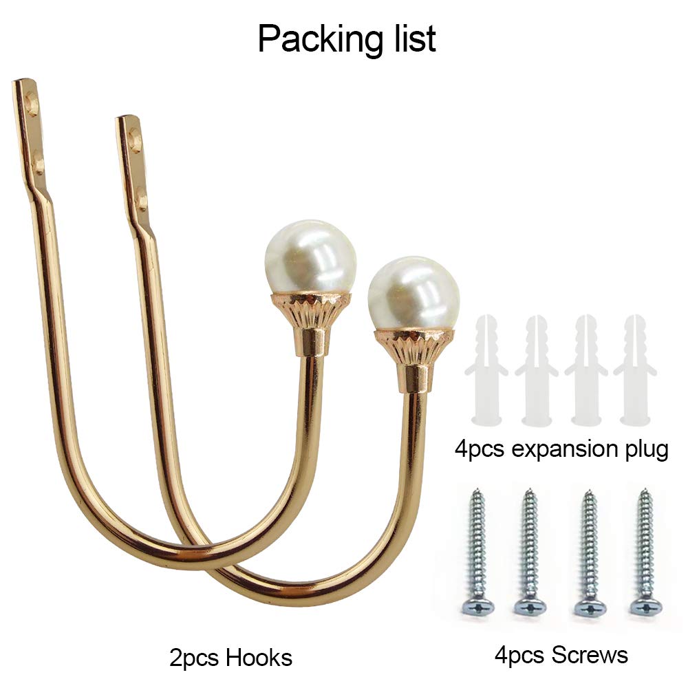 COCIVIVRE 2 Pack Curtain Holdbacks Wall Mounted Curtain Tiebacks Hooks Plastic Pearl U Shape Curtain Tiebacks with Screws Curtain Ties for Home Office-Gold
