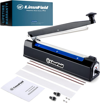 Sealer Pro, Patented 12inch Impulse Heat Bag Sealer, 7mm Sealing Width Poly Bag Seal Machine, 2 Replacement Kits 1 Extra Fuse Included, Black