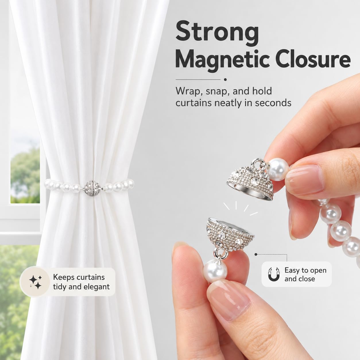 Pearl Bow Magnetic Curtain Tiebacks 2 Pack, No Drill Curtain Holdbacks with Strong Magnets, Decorative Pearl Curtain Holders for Living Room Bedroom Home Decor