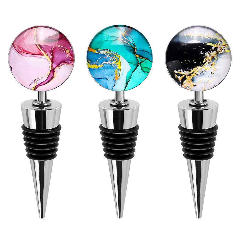 Soleebee 3 Pack Decorative Wine Stoppers, Wine Bottle Stopper with Beautiful Art Glass，Beverage Bottle Stoppers For Gifts, Bar, Holiday Party, Wedding (Style J)
