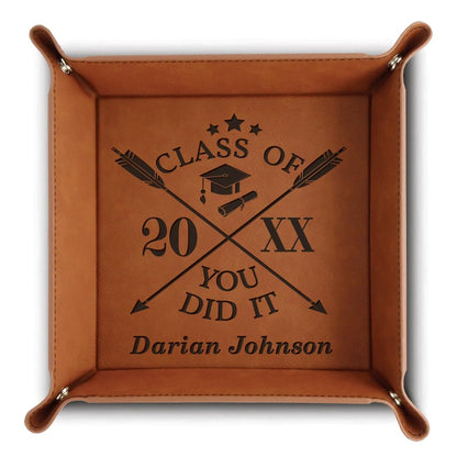 Bella Busta-Personalize Graduation Keepsake for Her, Him, Friends and Family- High School, College,University- Congratulations-Engraved Leather Valet Tray (Rawhide)