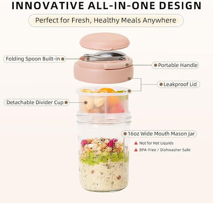 UWILLION Overnight Oats Containers with Handles, 16 oz Glass Mason Jars with Lids, Folding Spoons & Topping Compartments, Yogurt Parfait Cups for Meal Prep, Chia Pudding, Breakfast to Go, 2 Pack