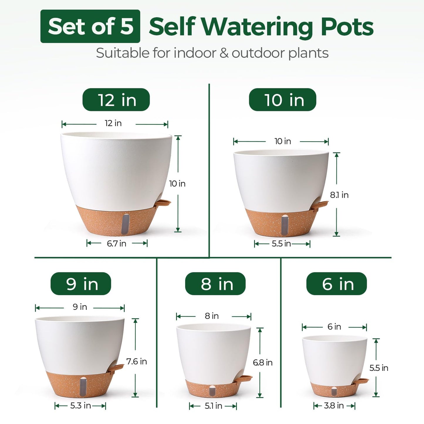 T4U 5 Pack Self Watering Pots (6"+8"+9"+10"+12") - Water Level Indicator & Deep Reservoir, Mess-Free Planters for Busy People, Beginners & Gardeners, Fit Most Plants, Indoor Outdoor Use (White)