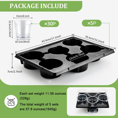 RooTrimmer 30 Pack 6 Inch Clear Nursery Pots and 5 Pack 6 Cell Round Plant Pot Trays, Sturdy Seeds Starting Germination Shuttle Carrying Trays, Planter Nursery Propagation 5 Sets