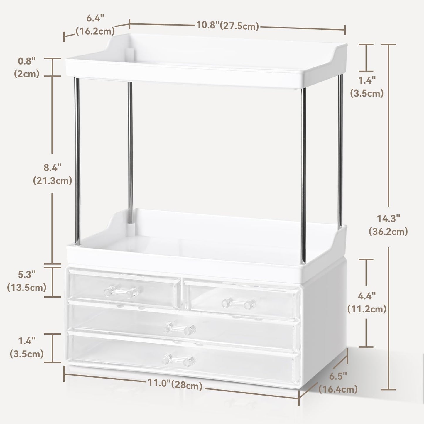 Brothersbox Bathroom Organizers and Storage, 5-Tier 4-Drawer Makeup Organizer Countertop, Multi-Purpose Large Makeup Vanity Organizer, Hair Product, Perfume & Skincare Storage, White