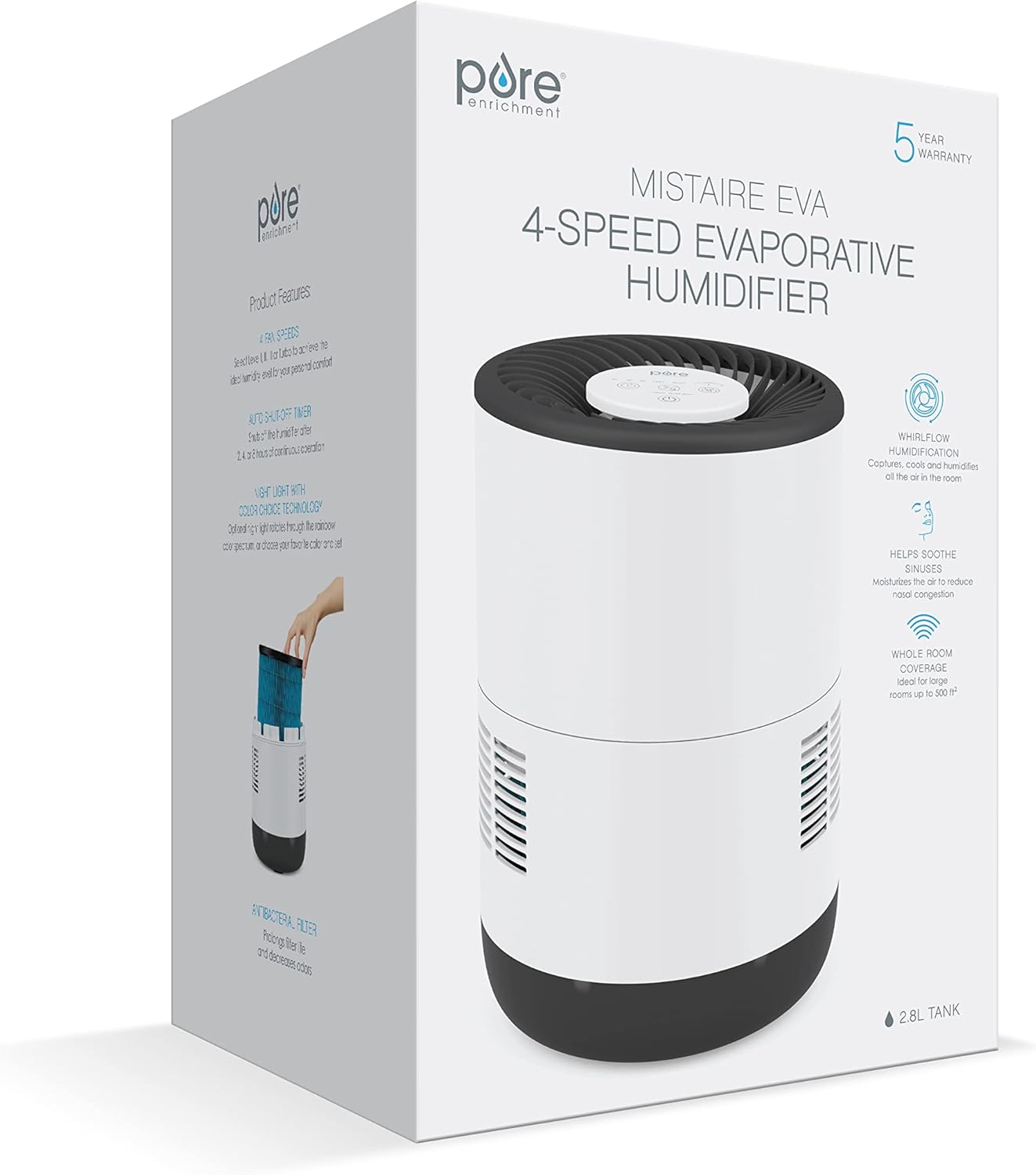 Pure Enrichment MistAire Eva - Mist-Free Evaporative Humidifier (2.8L) with Antibacterial Filter, 4-Speeds, Large Room Coverage up to 500 sq. ft., and Auto Shut-Off Timer