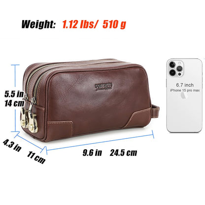 CONTACTS Full Grain Leather Toiletry Bag with Lock for Men Travel Bag Shaving Dopp Kit Organizer Clutch with Handle and Double Combination Lock