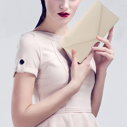 Vegan Leather Envelope Clutch Bag Classic Dressy Purse Foldover Evening Handbag Beige Medium