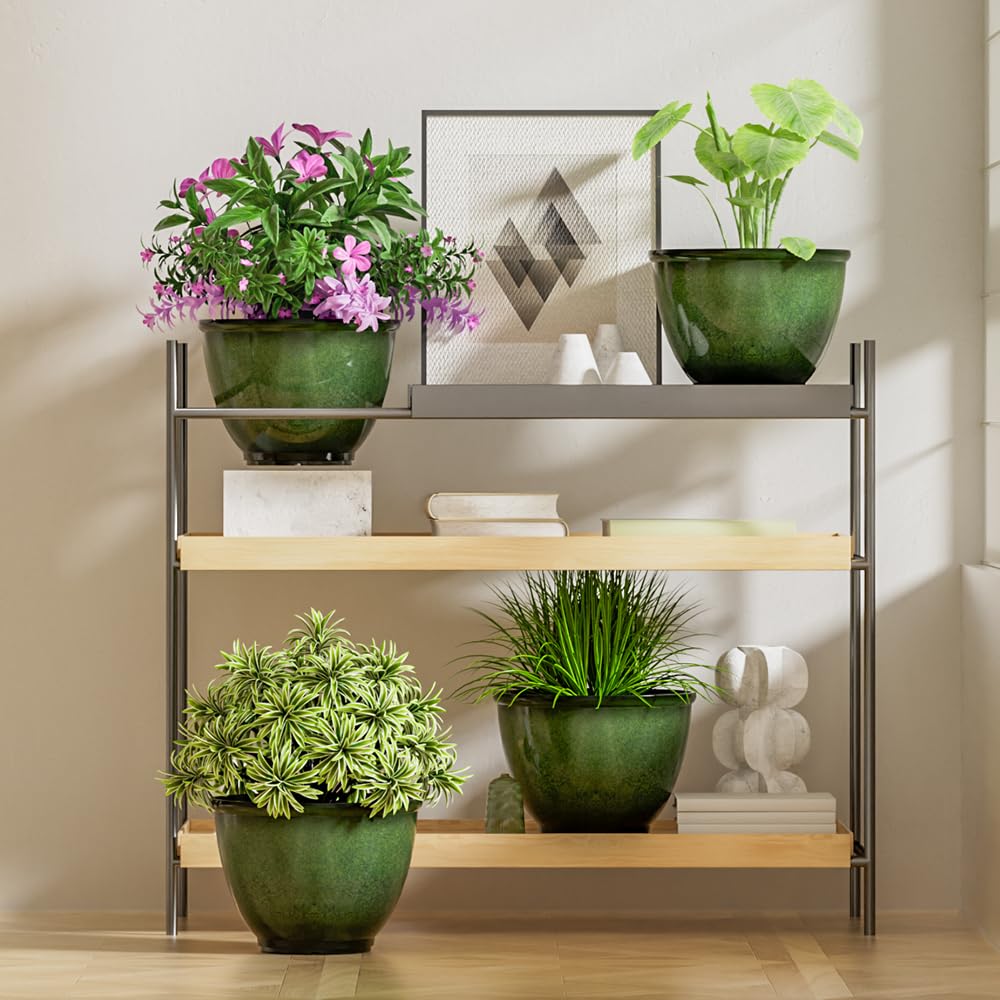 Vanslogreen 8 Inch Plastic Plant Pots, Set of 4 Flower Pots Planters with Drainage Hole, Glossy Smooth Finish Planter for Indoor Outdoor Succulent Snake Plants (Green)