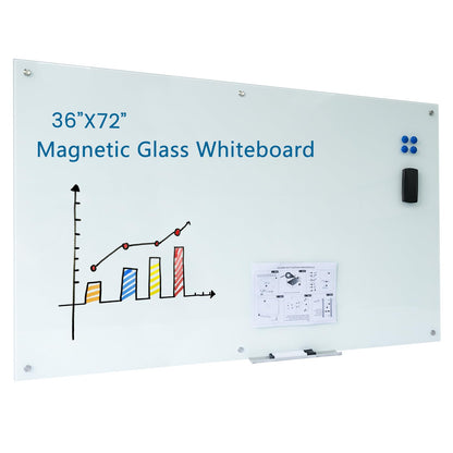 Magnetic Glass Writeboard Tempered Glass Dry Erase Boards Wall Mounted Frameless Whiteboard Bulletin Message Boards (White, 72" Wx36 H)