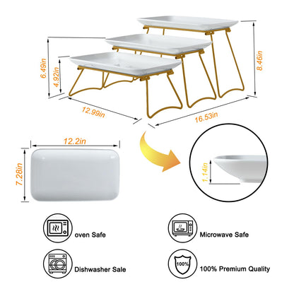 HAPPY KIT 3 Tier Serving Tray Set with Gold Freely Combinable Rack,12 Inch Tiered Tray Stand,Widened Porcelain Platters,Decor Cupcake Stand for Christmas Party Display,Dessert Trays Collapsible