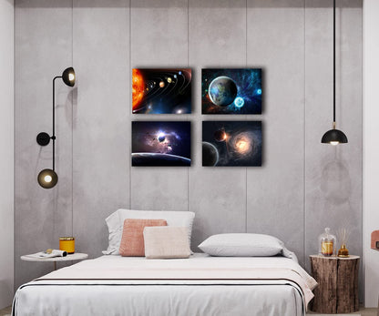 Universe Starry Sky Wall Art Outer Space Planet Wall Art Canvas Decoration Painting，for Bedroom, Lvingroom, Bathroom Decor ，Posters for Kids, Boys or Girls Room ，29x38cmx4pcs，Framed