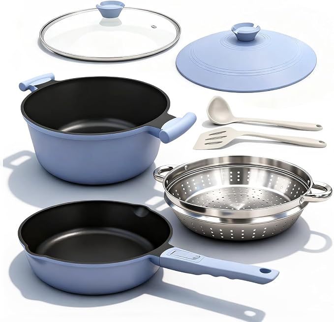 Pots and Pans Set Non Stick, Nonstick Cookware Set, Steamer Pot and Pan for Cooking, Kitchen Cookware Sets Non Toxic, Induction Compatible, Detachable Handle, Oven Safe, PFOS & PFOA Free,Blue