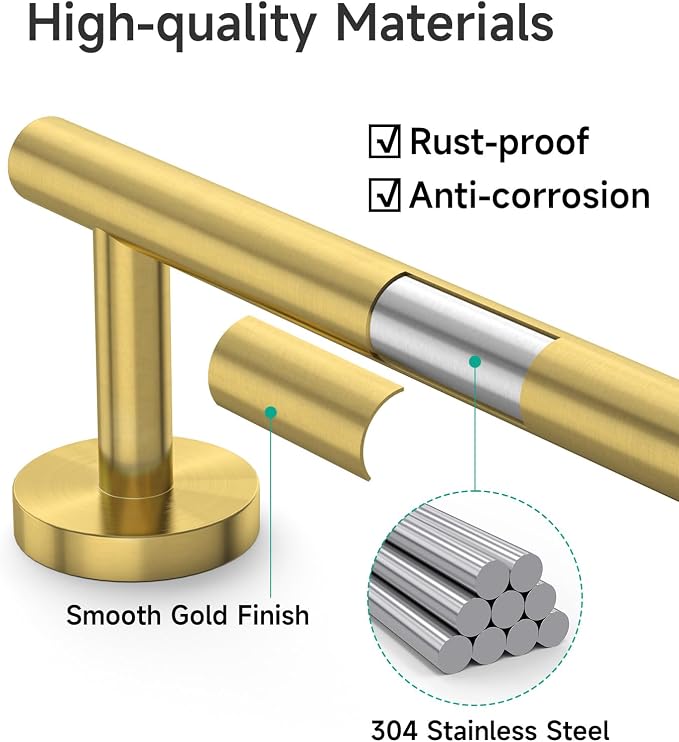 USHOWER Light Gold Towel Bar, 14-Inch Towel Racks for Bathroom Wall-Mounted, SUS304 Stainless Steel Towel Rod (Total Length 16-Inch)