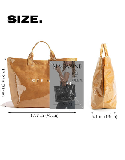 LuxMall PVC Tote Bag for Women Large Tote Purse Kraft Paper The Letters Print Bag Hobo Handbag with Top Handle for Work Travel Shopping Beach, Khaki Brown