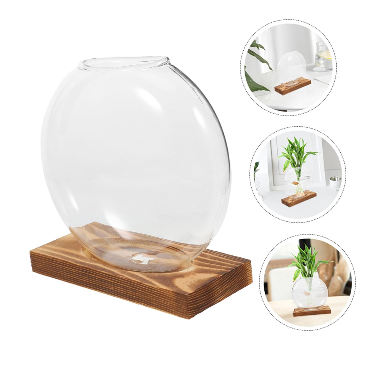 HOODANCOS 2Pcs Hydroponic Glass Vases with Wooden Base for Plant Propagation and Root Observation, Plant Terrarium Containers for Home Office Balcony Décor
