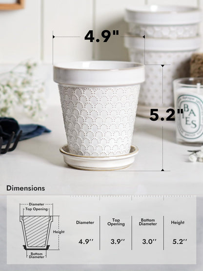 LE TAUCI Ceramic Plant Pots, 4.9 Inch Flower Pots with Drainage Hole & Saucer, Embossed Planter Pots for Indoor Plant Succulent, Orchid, Cactus, Home Decor - Set of 4, Arctic White