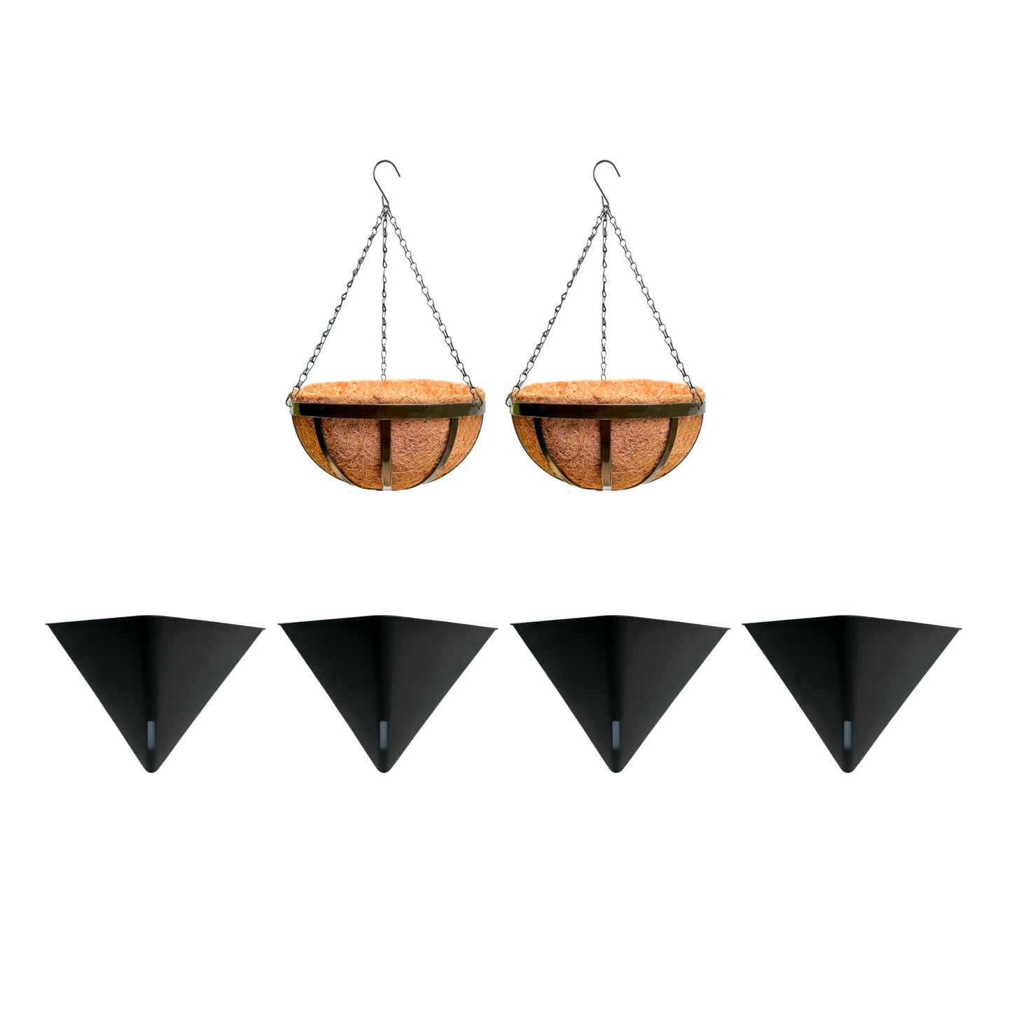 LaLaGreen Bundle- 4 Pack, 12 Inch Black Geometric Self Watering Pot + 2 Pack, 10 Inch Hanging Basket with Coco Liner Flat Metal Iron Balcony Porch Plant Holder Stylish Wall Mounted Flower Vase Vessel
