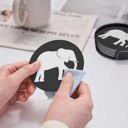 Black and White Elephant Leather Drink Coasters Set of 6 with Holder Round Cup Coaster for Table Decor