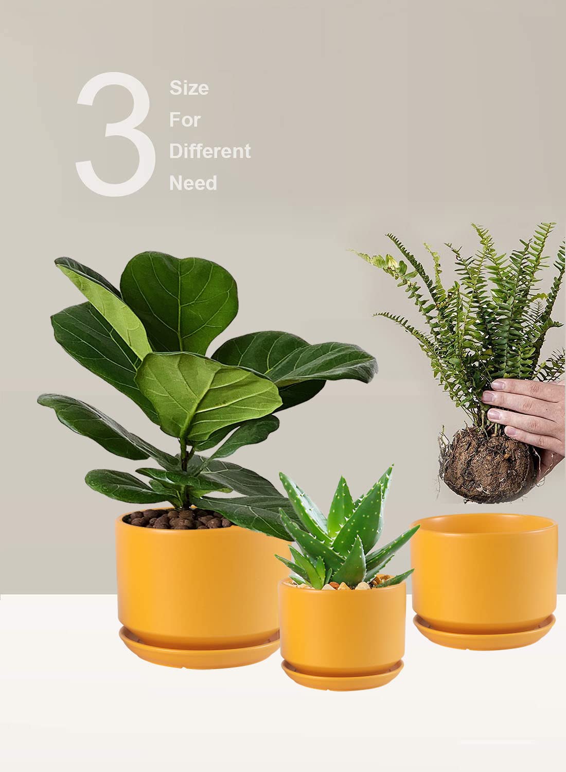 WHOMEPAA Ceramic Plant Pots with Drainage Hole and Saucer,Modern Indoor Pots for Plants,Ceramic Planter 6.7/5.3/4.3 inchs Set of 3,Indoor Flower Pot with Hole Mesh Pad, for Mom,Yellow