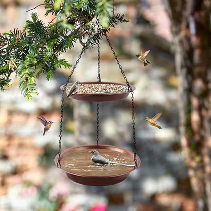 Hanging Bird Bath for Outdoor, 2-in-1 Antique Copper Metal Bird Feeder&Birdbath Bowls with 23" Rust-Proof Black Chains Backyard Birdbath Garden Decor
