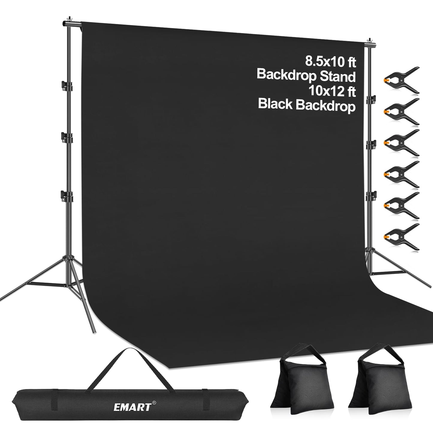 EMART 8.5 x 10 ft Adjustable Photo Backdrop Stand Kit with 12 x 10 ft Portable Black Backdrop, Background Holder Support System Kit for Photography, Party, Live Game, Interviews, YouTube, TIK Tok