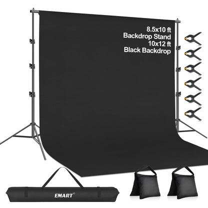 EMART 8.5 x 10 ft Adjustable Photo Backdrop Stand Kit with 12 x 10 ft Portable Black Backdrop, Background Holder Support System Kit for Photography, Party, Live Game, Interviews, YouTube, TIK Tok
