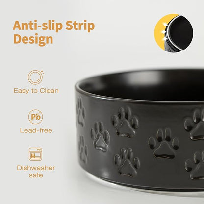 Ceramic Dog Bowl Set, Double Bowls, Non-Slip, 6 inch, Black | Microwave and dishwasher safe ceramic bowls, 3.5 cup capacity for food and water, easy to clean, for small to medium dogs