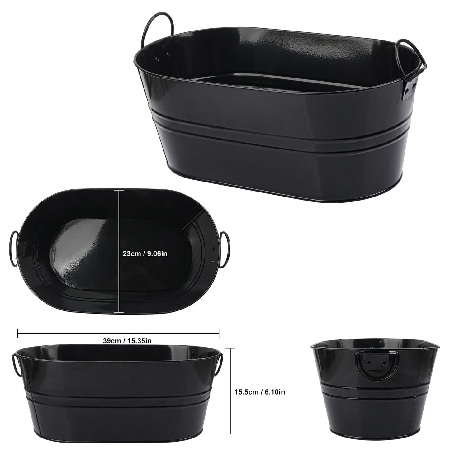 Yiksonyo 3 PCS 15.3 x 9 x 6 inches Black Metal Galvanized Tub with Handles, 3 Gallon Beverage Tubs for Parties, Large Ice Buckets for Beer, Wine, Cocktails & Outdoor Events