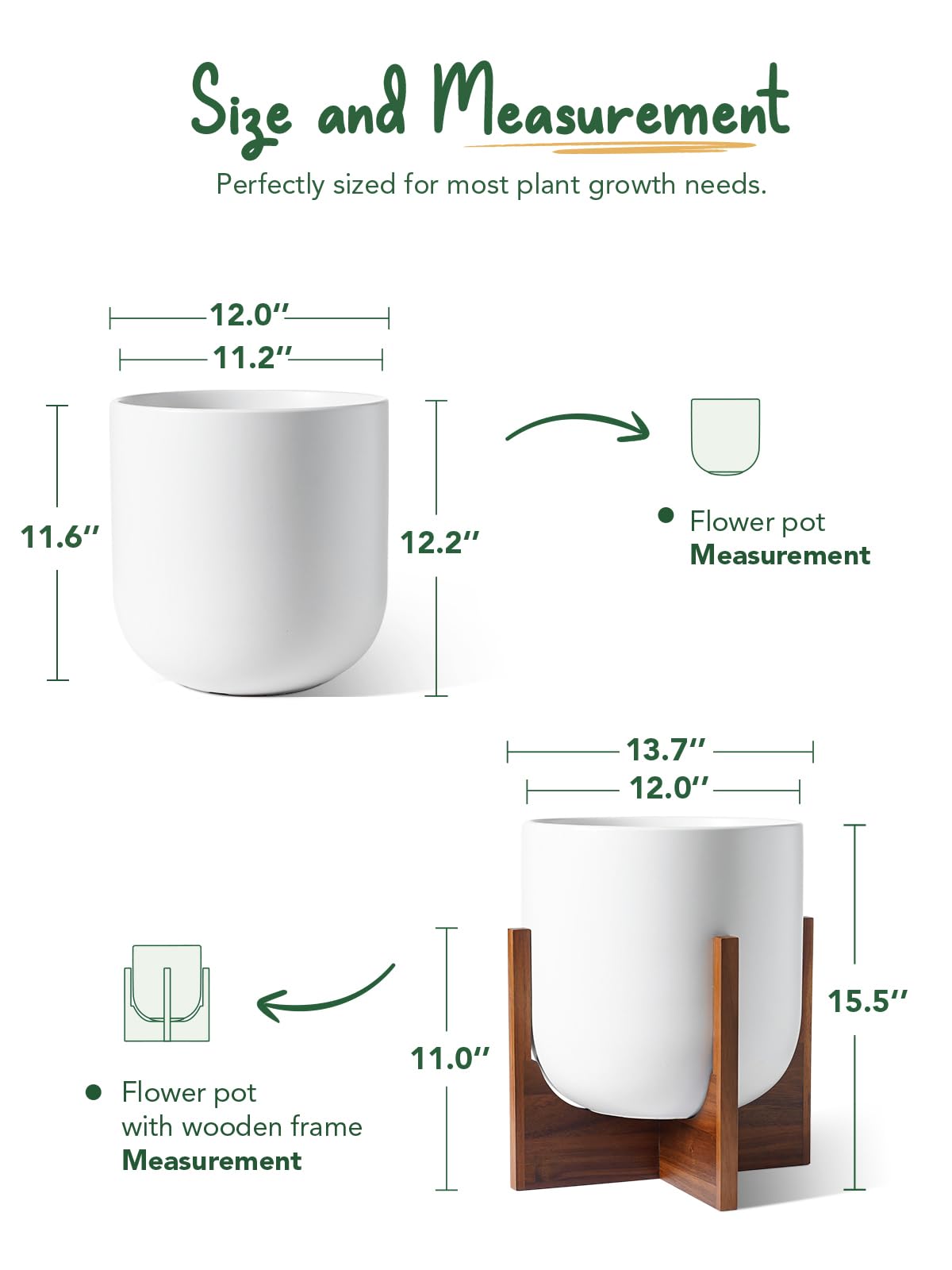 LE TAUCI 12 Inch Pots for Plants with Acacia Wood Stand, Ceramic Large Planters for Indoor Plants, Indoor Planters for Office Living Room, Cylinder Pots with Drainage Hole and Plug, White