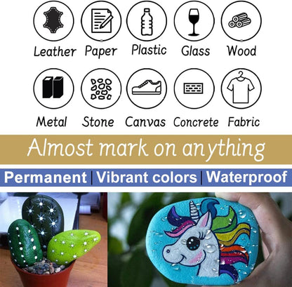 Paint Marker Pens - 24 Color Permanent Oil Based Markers, Medium Tip, Quick Dry and Waterproof Assorted Color Paint Pens for Metal, Wood, Plastic, Stone, Mugs, Canvas, Glass, Art Craft