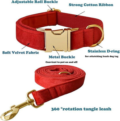 Love Dream Velvet Dog Collar and Leash Set, Soft & Comfy Adjustable Dog Leash and Collar with Heavy Duty Metal Buckle for Small Medium Large Dogs Training & Walking (Large, Red)