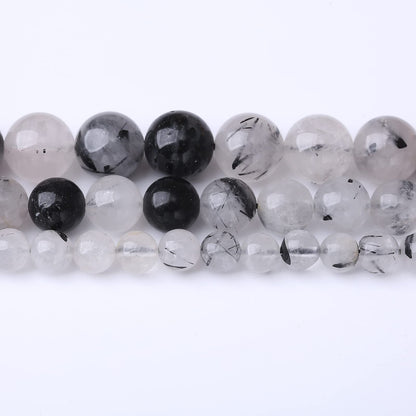 32PCS 12MM Natural Black Rutilated Quartz Stone Beads Energy Healing Beads for DIY Jewelry Bracelet Necklace Making for Jewelry Making15Inch