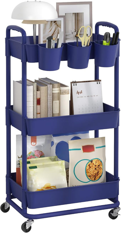 JIUYOTREE 3-Tier Plastic Rolling Storage Cart Utility Cart with Extra Hanging Cups Handles Lockable Wheels for Living Room Bathroom Kitchen Office Blue