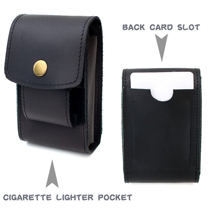 Boshiho Cowhide Leather Cigarette Case with Lighter Holder Tobacco Pouch Best Gift for Men Women (Black)