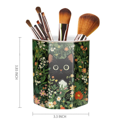WAVEYU Pen Holder, Pencil Cup for Desk, Cute Desk Organizer, Durable Ceramic Decorative Makeup Brush Desktop Accessories, Stylish Stationery for Office, Home, Cute Cat Pattern