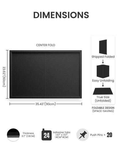 Fluxynara Foldable Cork Board Alternative, Felt Bulletin Board 35.4" x 23.6" Black Frame with 24 Adhesive Tabs, Pin Board for Home Office, Classroom, Entryway, Kitchen Wall Decor—Black