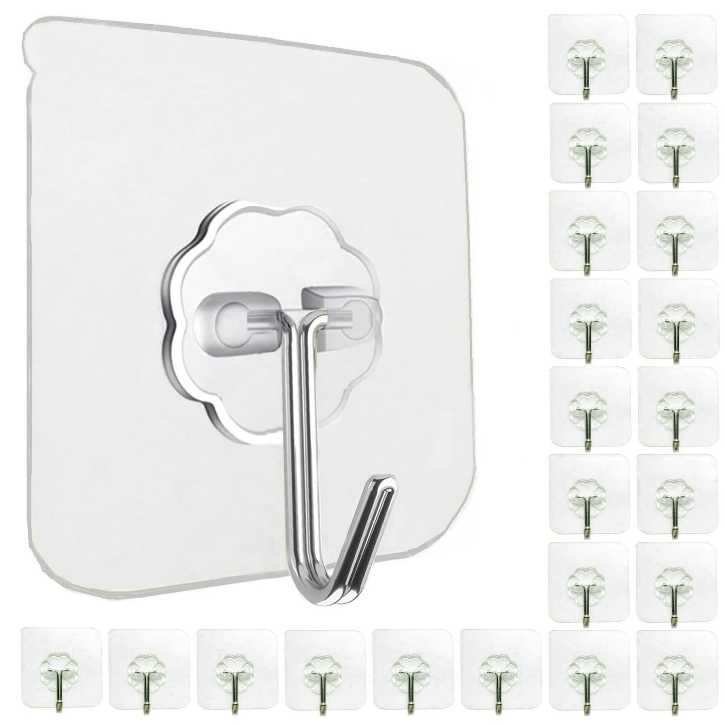 Jwxstore 24 Pack Adhesive Wall Hooks 33LB Heavy Duty No Drill Transparent Waterproof Hooks for Bathroom Kitchen Towel Coat Office Home Outdoor