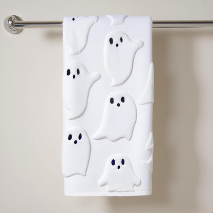 Xkdamai 2 Pack Halloween Hand Towels 100% Cotton Jacquard Ghost Halloween Kitchen Towels White Bathroom Towels Set Seasonal Bathroom Decor (White Ghost, Halloween)