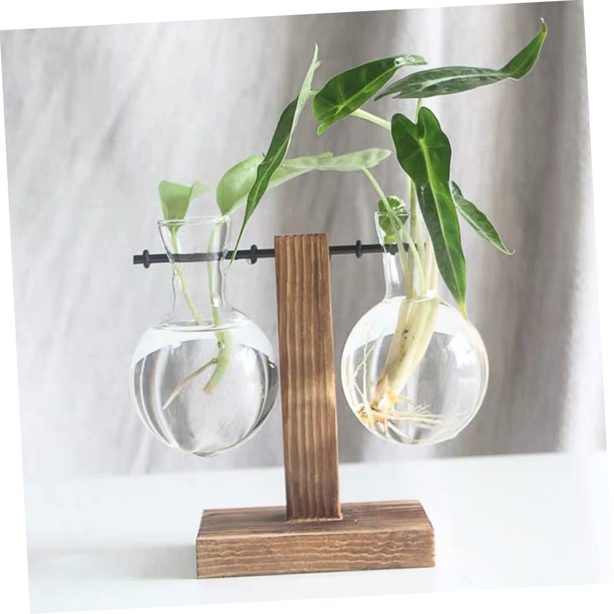 Kisangel Hydroponic Glass Flower Vase with Wooden Stand 2pcs Planter Pot for Indoor Plants Modern Terrarium for Home and Office Decoration