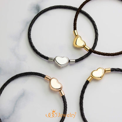 555Jewelry Stainless Steel Heart Charm Bracelet, Black Bracelet for Women, Braided Leather Charm Bracelet, Black Leather Bracelet for Women - Silver Heart, 6.5 Inch