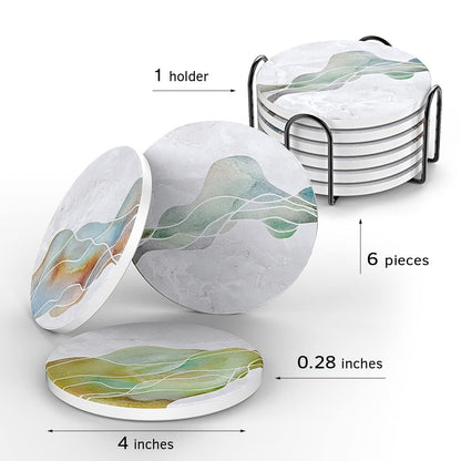 UMIRRO Ceramic Stone Coasters for Drinks Absorbent with Holder | Agate Style Coasters Set with White Marble Texture Background | Cool Cup Mat with Geode Pattern | Unique Fancy Tabletop Protection Mat