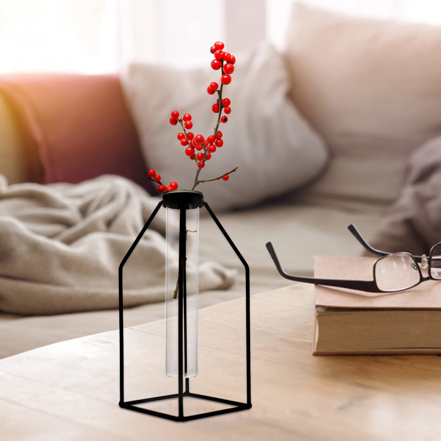 ULTNICE Hydroponic Glass Vase with Wrought Iron Frame 9.44X3.93X3.54In Office Plant Decor Modern Minimalist Planter Terrarium Container