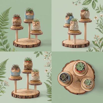 2.5"mini ceramic Cute Owl Animal Succulent Flower Pot Outdoor Bamboo Wooden Small Planter Stand Gift Set for Home,Office,Living Room,Bedroom Decoration,Windowsill,Indoor Desk,Kitchen Decor (3 Tier)