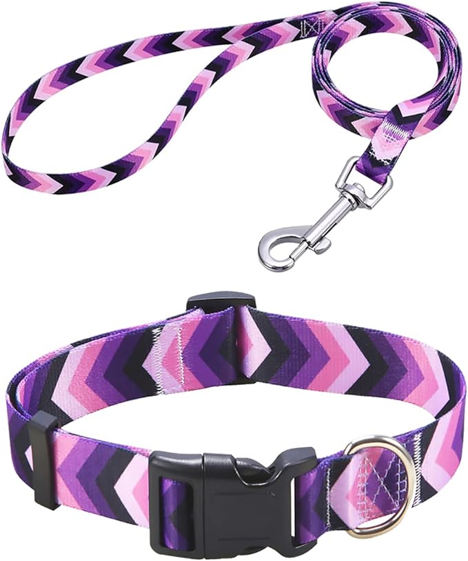 Mihqy Dog Collar and Leash Set with Bohemia Floral Tribal Geometric Patterns - Soft Ethnic Style Collar Adjustable for Small Medium Large Dogs(Purple Arrow Set,S)