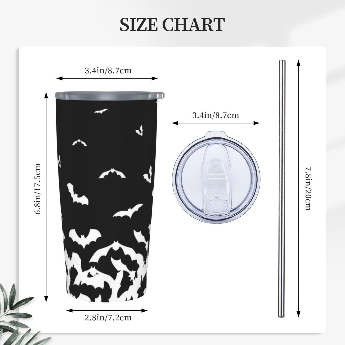 TOUNHEYA Halloween Bat Tumbler with Lid and Straw Black White 20oz Insulated Stainless Steel Cup Animal Travel Coffee Mug Water Bottle for Women Gift for Birthday Christmas