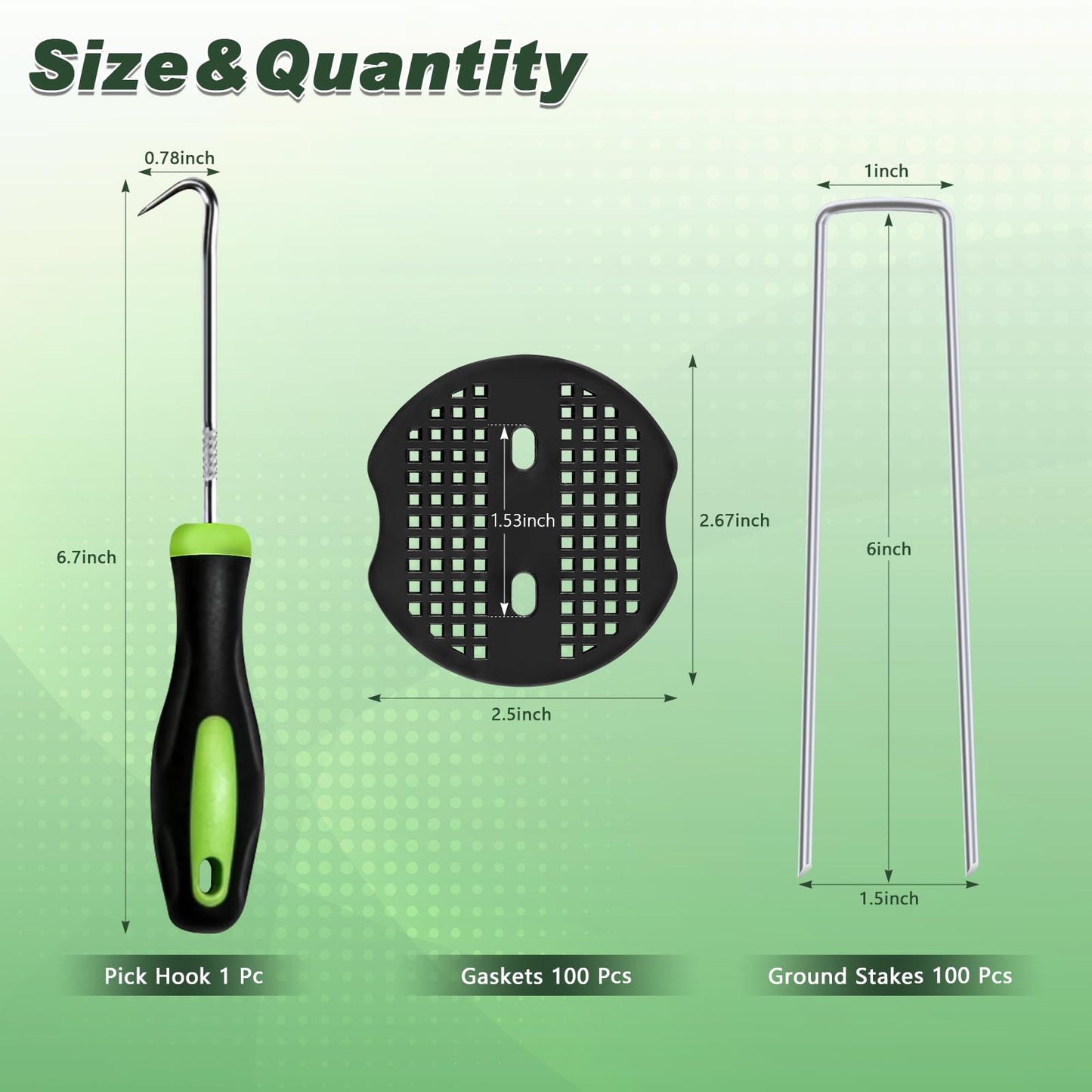 FEED GARDEN Landscape Staples 6 Inch 100 Pack Kit, Heavy Duty 11 Gauge Hot-Dip Galvanized Garden Stakes with 100 Gaskets & 1 Pick Hook for Weed Barrier, Landscape Fabric, Sod, Turf & Garden Edging